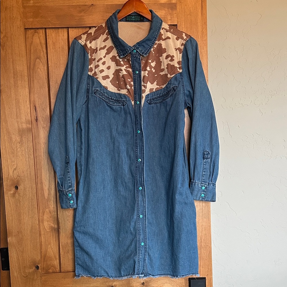 Denim Long Sleeve Dress with suede animal print detail.
